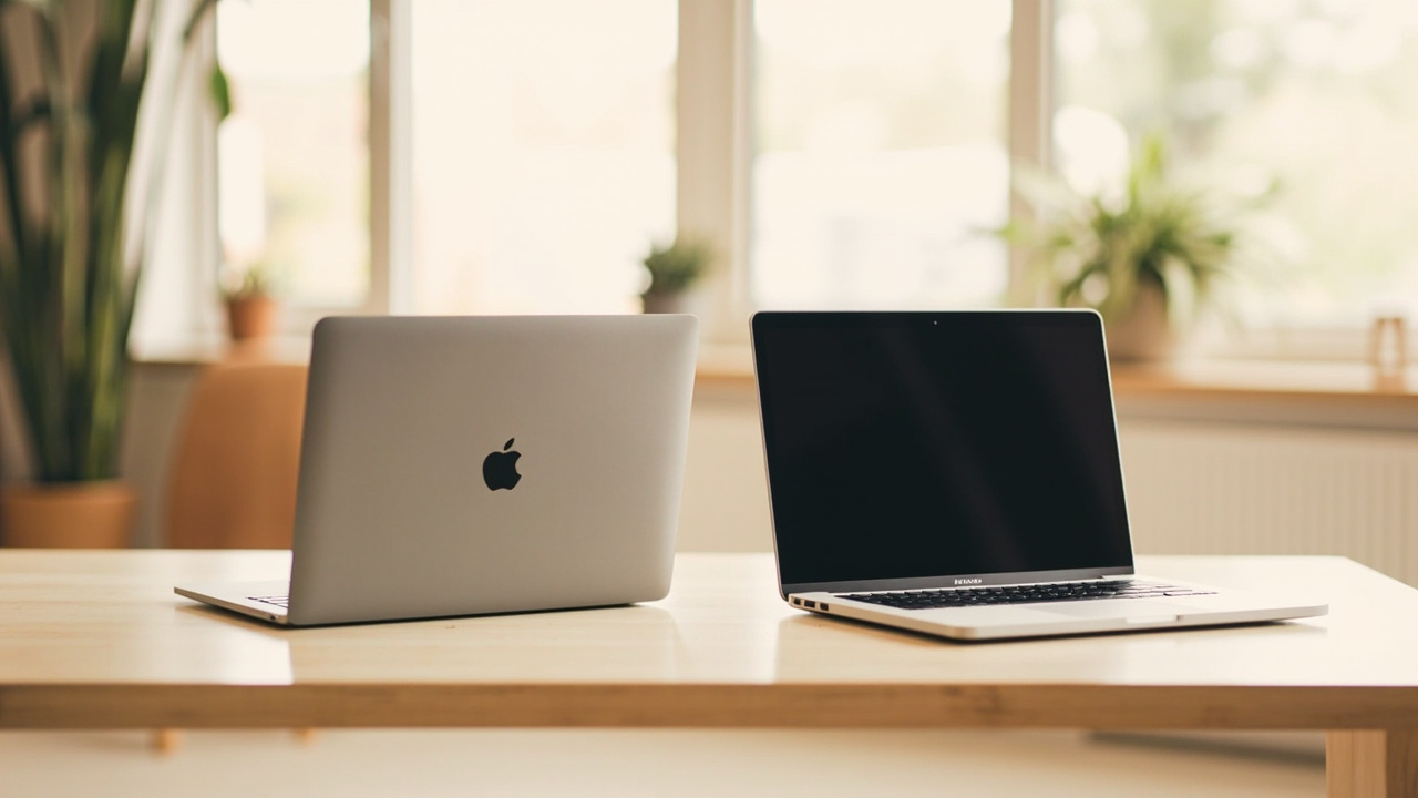 Two 16-inch MacBook Pros side by side on a clean walnut desk, one Space Black one Silver, both open with abstract gradient screens