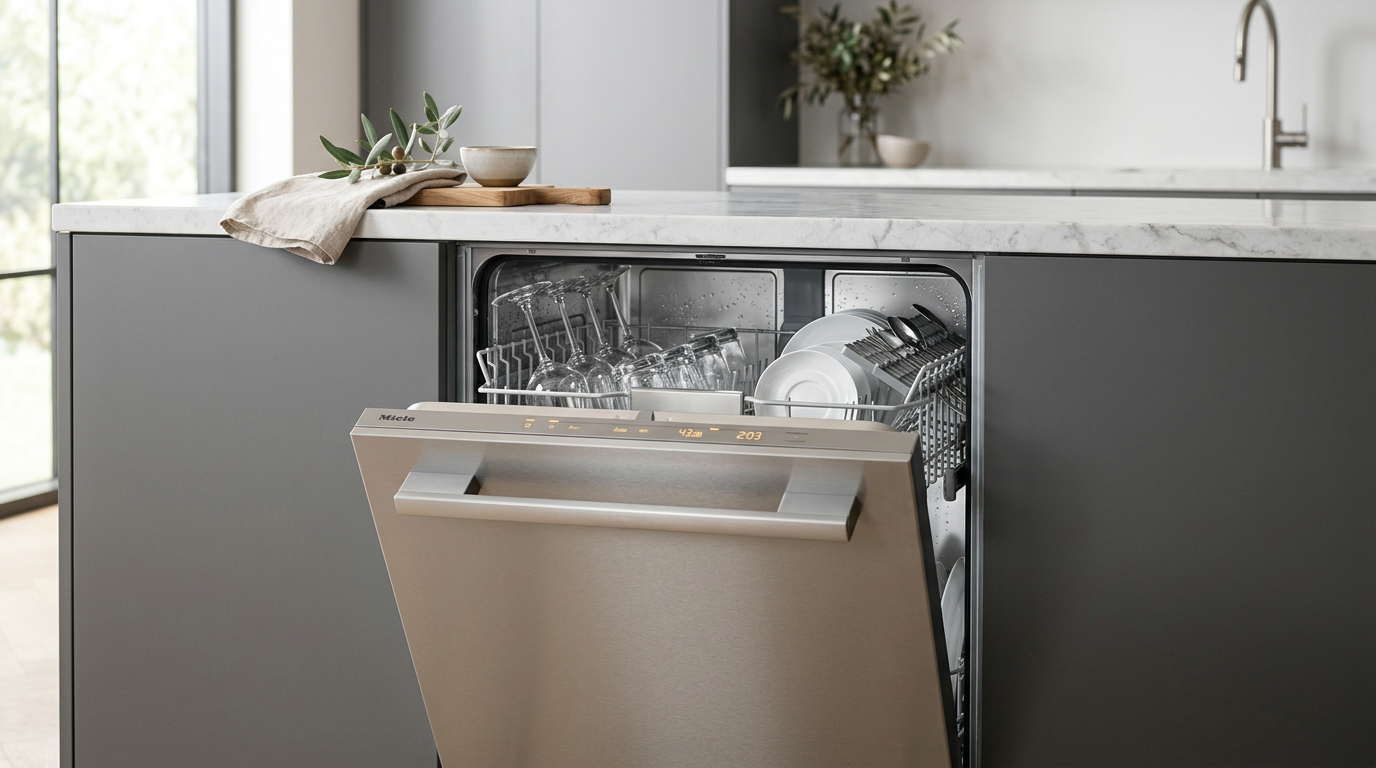 Side-by-side close-up of Miele W1 honeycomb drum and Bosch 800 smooth drum interior, lit from above, soft shadow, no text or labels