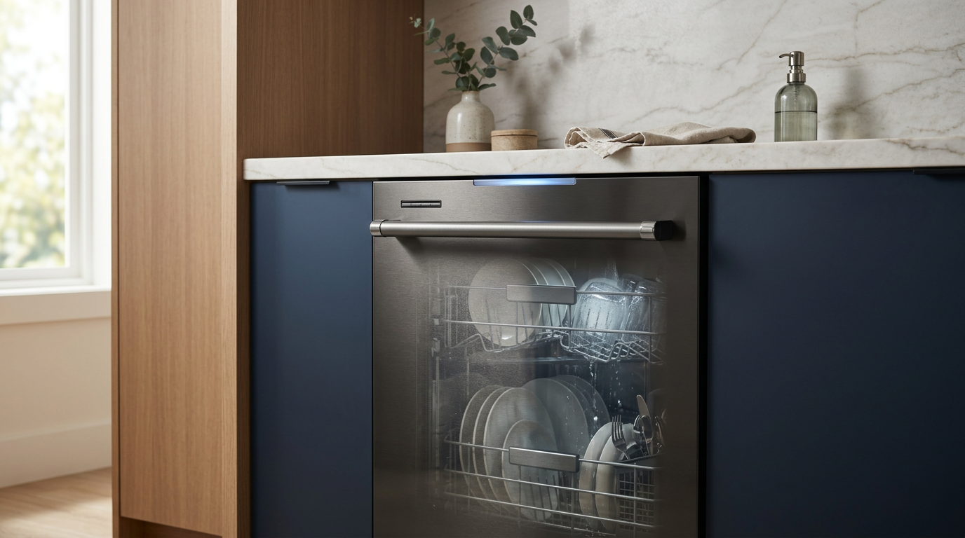 Pros and cons balance infographic: Miele W1 vs Bosch 800 pair, abstract scale or split-screen comparison, clean graphic style, no text labels