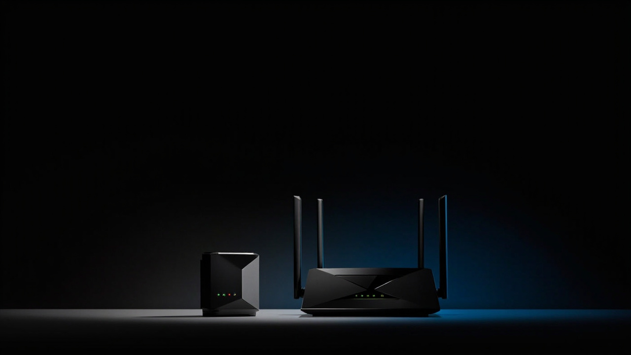 Hardware close-up: Orbi 970 node ports and GT-BE98 Pro router with antennas extended