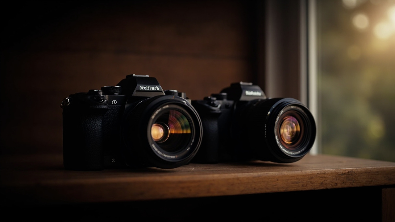 Two flagship full-frame mirrorless bodies — a Nikon Z8 on the left and a Canon EOS R5 Mark II on the right — sitting on a walnut shelf with their EVFs lit, a 24-70mm f/2.8 lens mounted on each, warm rim light from a window, moody product photography aesthetic