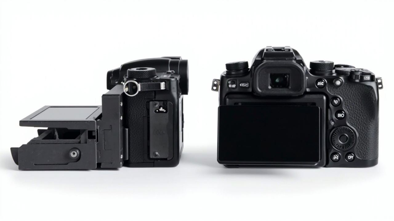 Side-by-side build comparison: Z8 with its deeper grip and top-deck LCD lit up on the left, R5 II with its thinner profile and fully-articulating screen on the right, product photography aesthetic on a clean desk