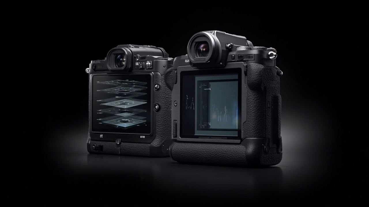 Feature matrix visualization: two cameras facing each other on a turntable, the Z8 showing tilting screen and top LCD on the left, the R5 II showing articulating screen and slimmer body on the right, product photography aesthetic