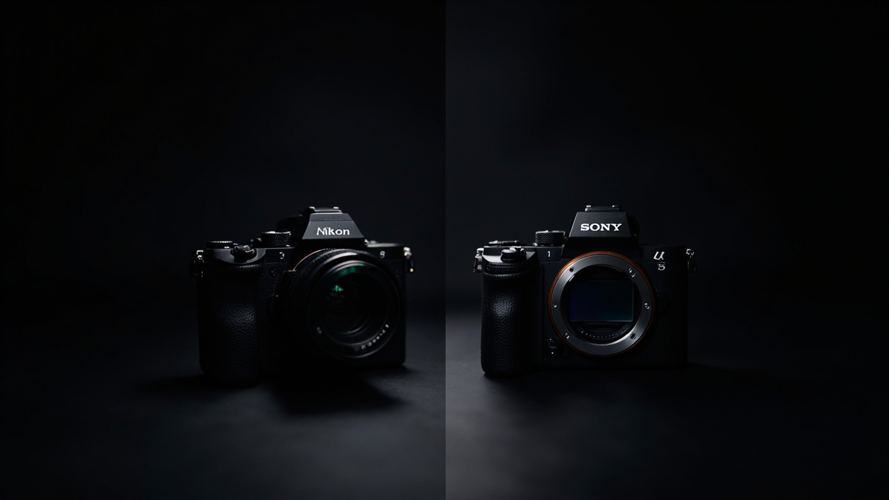 Two cameras on a wooden table, side by side, professional lighting