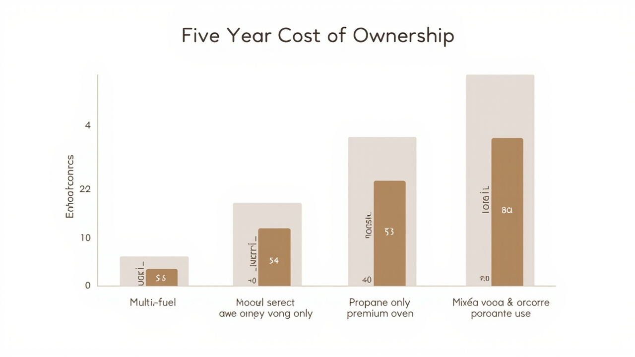 5-year cost-of-ownership bar chart: Ooni Karu 2 propane-only vs Gozney Arc vs Ooni Karu 2 with mixed wood/propane use, showing how the multi-fuel Ooni becomes the better value if you actually use the wood mode
