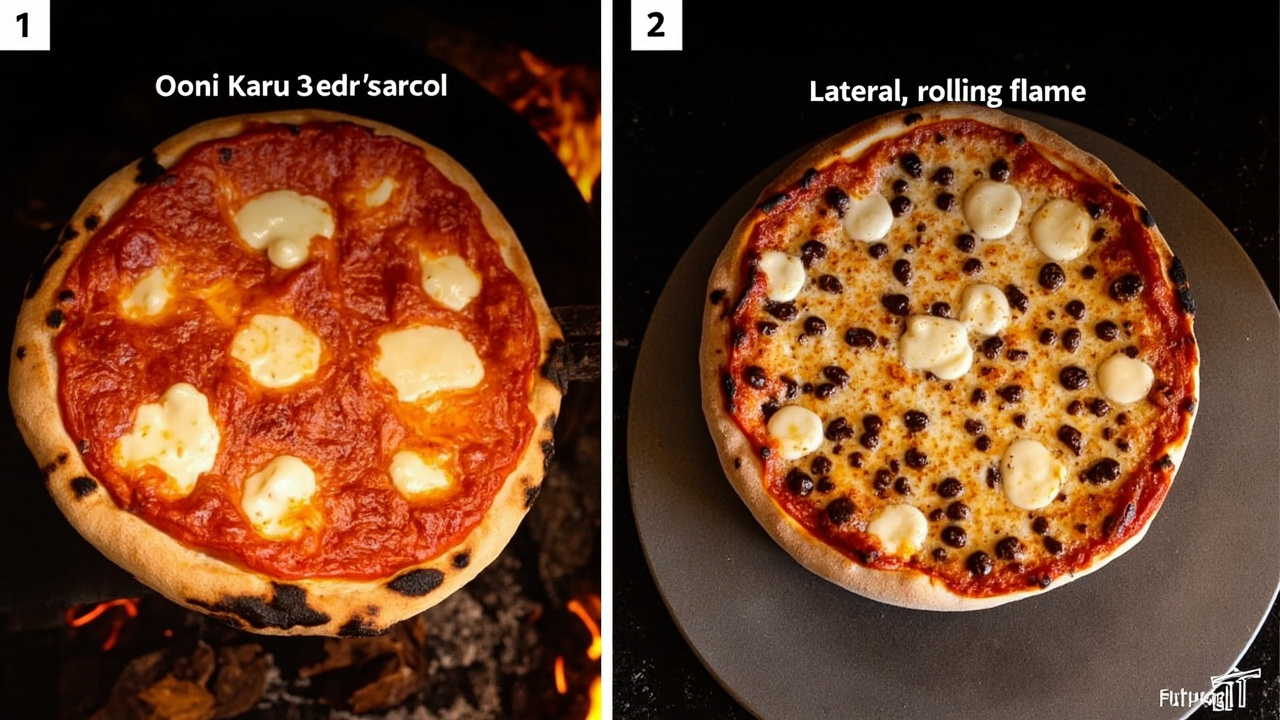 Top-down view of two pizzas being cooked — one in the Ooni Karu 2 with visible wood flame and slight char, one in the Gozney Arc with the lateral rolling flame visible across the back of the stone, both reaching 500C with bubbling mozzarella and leopard-spotted crusts
