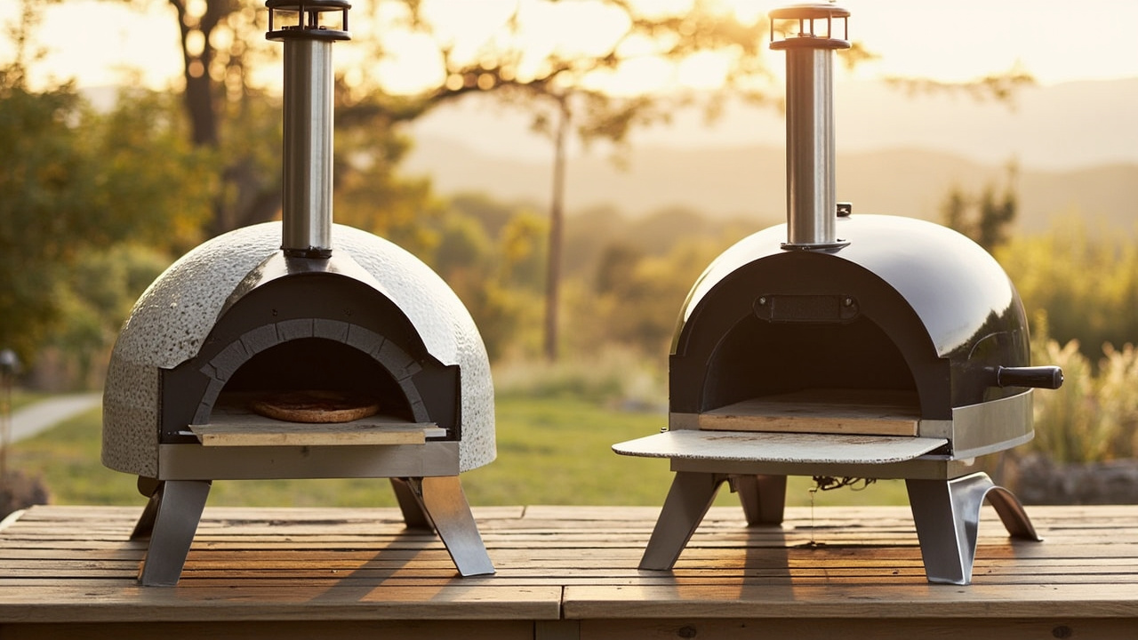 Final verdict visual: Ooni Karu 2 as the multi-fuel flexibility pick, Gozney Arc as the propane showpiece pick, both displayed on a wooden patio table in warm afternoon light, no text or numbers visible in the image
