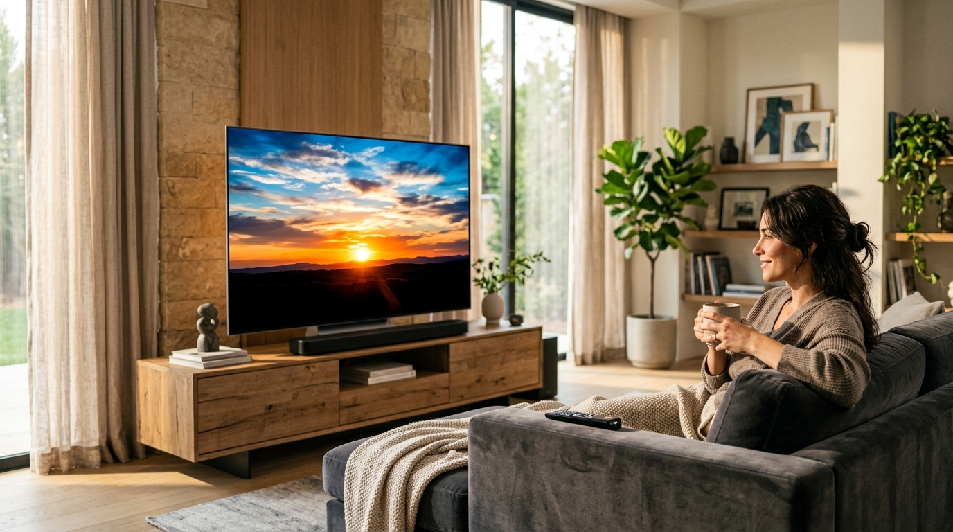 Three flagship OLED TVs side by side in a dark home theater room showing vivid color demo footage