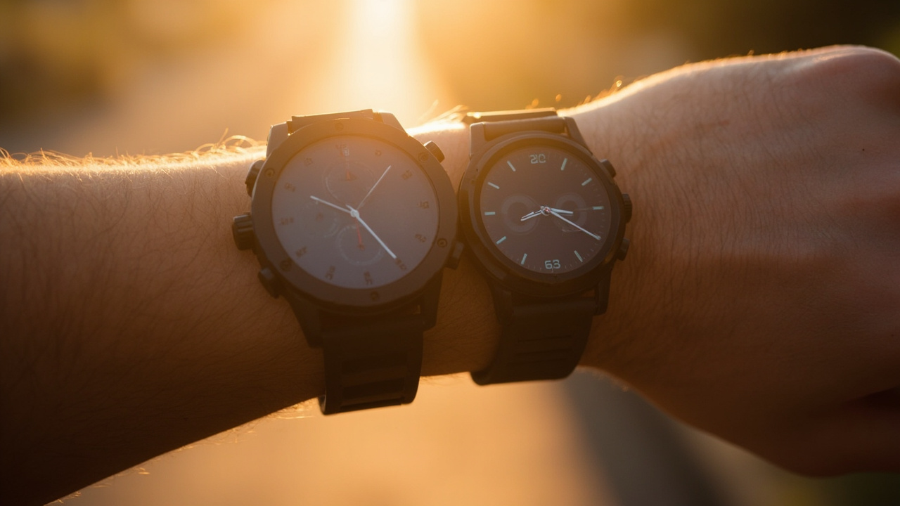 Pixel Watch 4 XL on a wrist versus Apple Watch Ultra 3 on a wrist, side by side, soft outdoor lighting, no text or logos emphasized