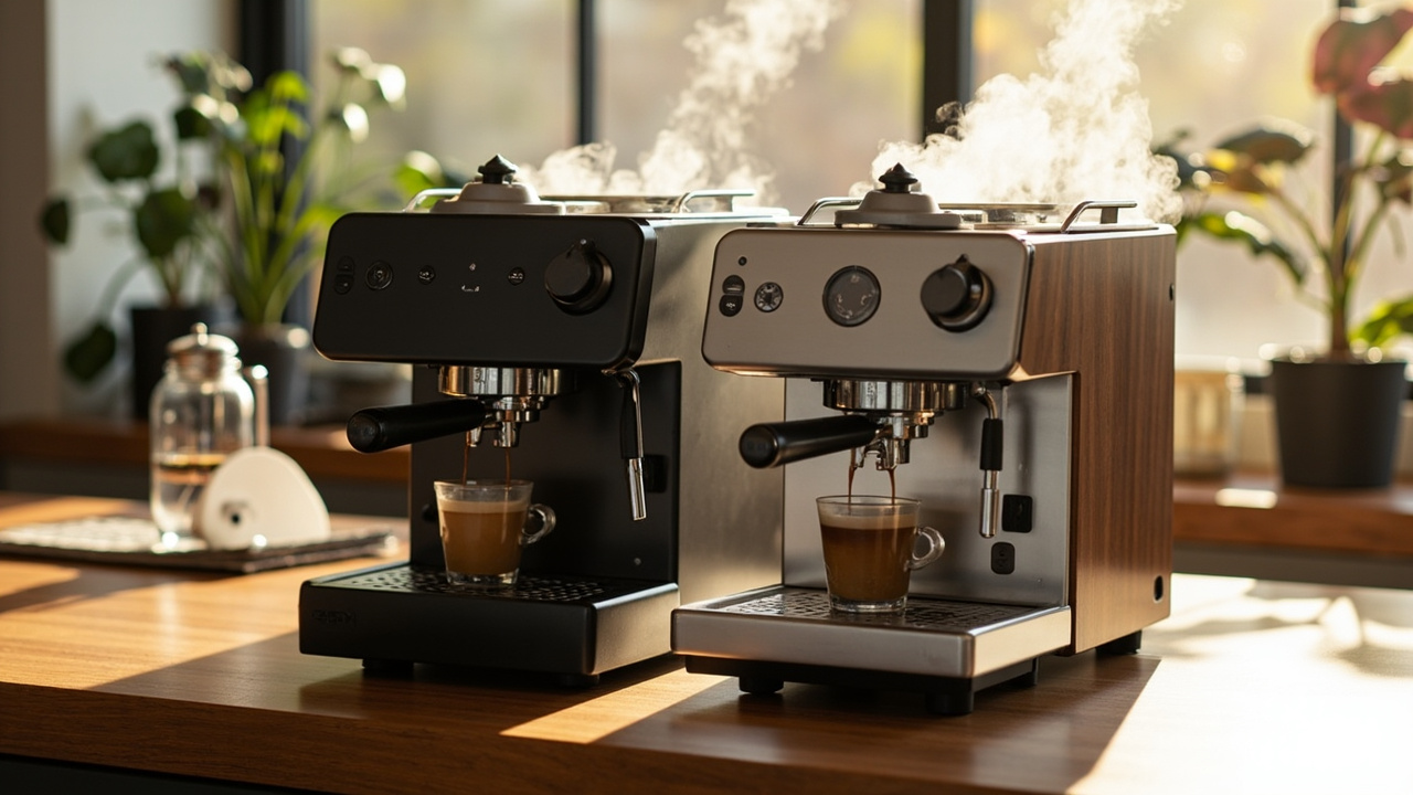 Profitec Drive (left) and ECM Synchronika II (right) side by side on a wood counter, both with steam wands active in a bright modern kitchen