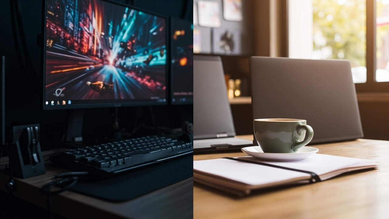 Split-screen comparison: left half shows a competitive esports setup with the Razer Blade 16 on a high-refresh external display, right half shows a coffee-shop productivity setup with the Zephyrus G16 open next to a notebook and coffee cup