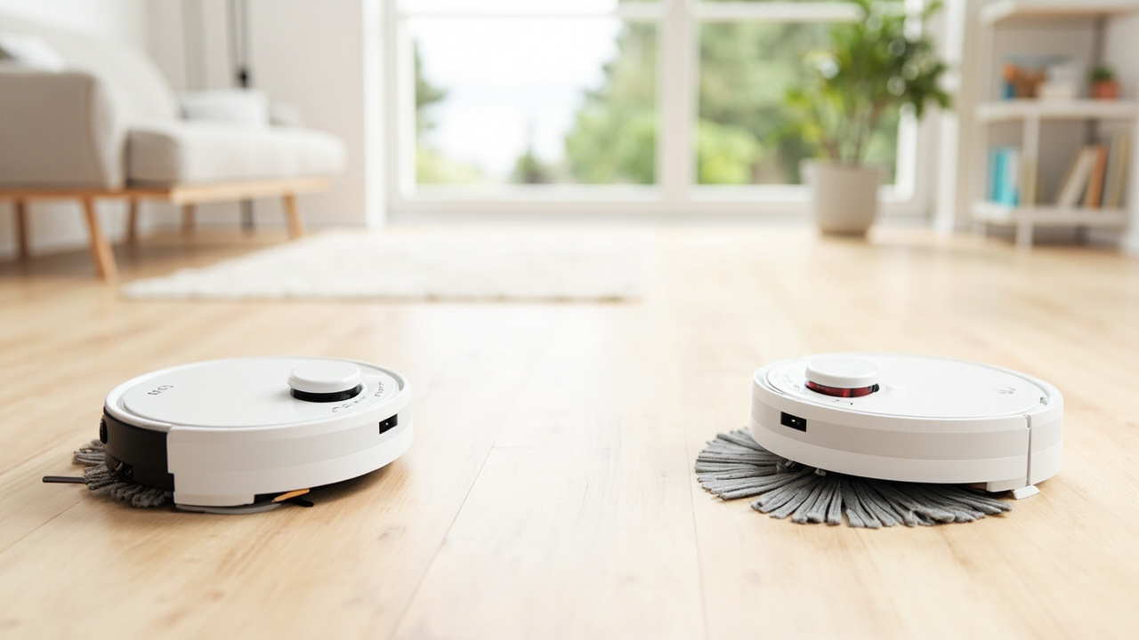 Roborock S8 MaxV Ultra and Dreame X40 Ultra side by side, both docked at their respective all-in-one stations on a hardwood floor near a kitchen