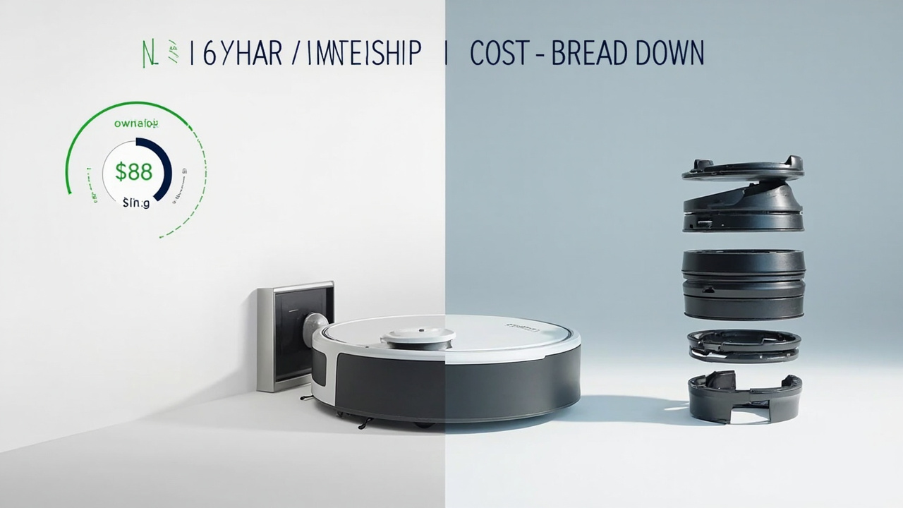 Five-year cost-per-use breakdown concept showing replacement parts and dock maintenance for flagship robot vacuums