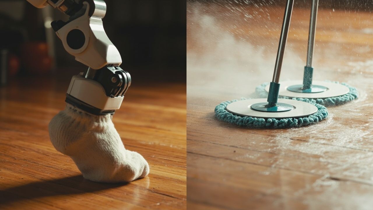 Close-up of mechanical gripper arm picking up a sock vs dual rotating mop pads with high-pressure water spray on hard floor