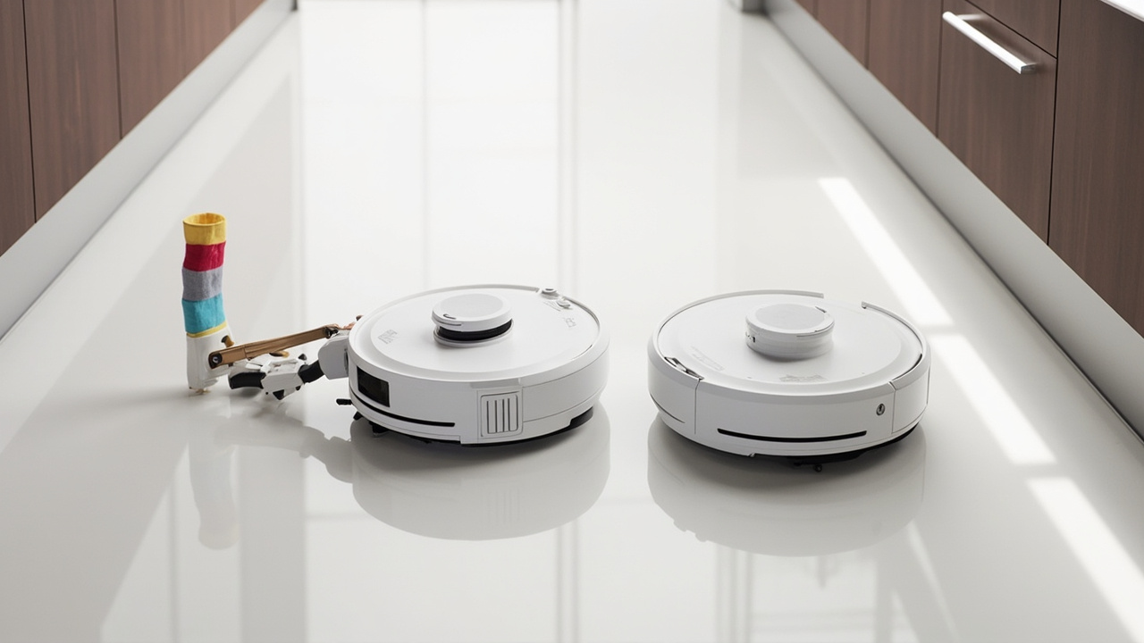 Roborock Saros Z70 with mechanical arm extended next to the Dreame X50 Ultra on a modern kitchen floor