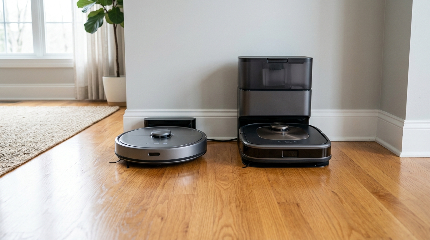 Roborock Saros 10R and Eufy S1 Pro Omni side by side on a hardwood floor with their docking stations