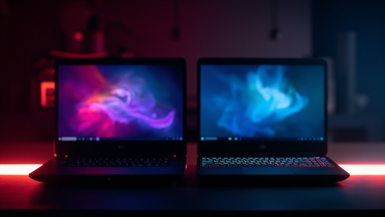 Split composition: a sleek 16-inch RTX 5080 gaming laptop on the left, a chunkier 18-inch RTX 5090 flagship on the right, both open and powered on side-by-side on a dark studio desk