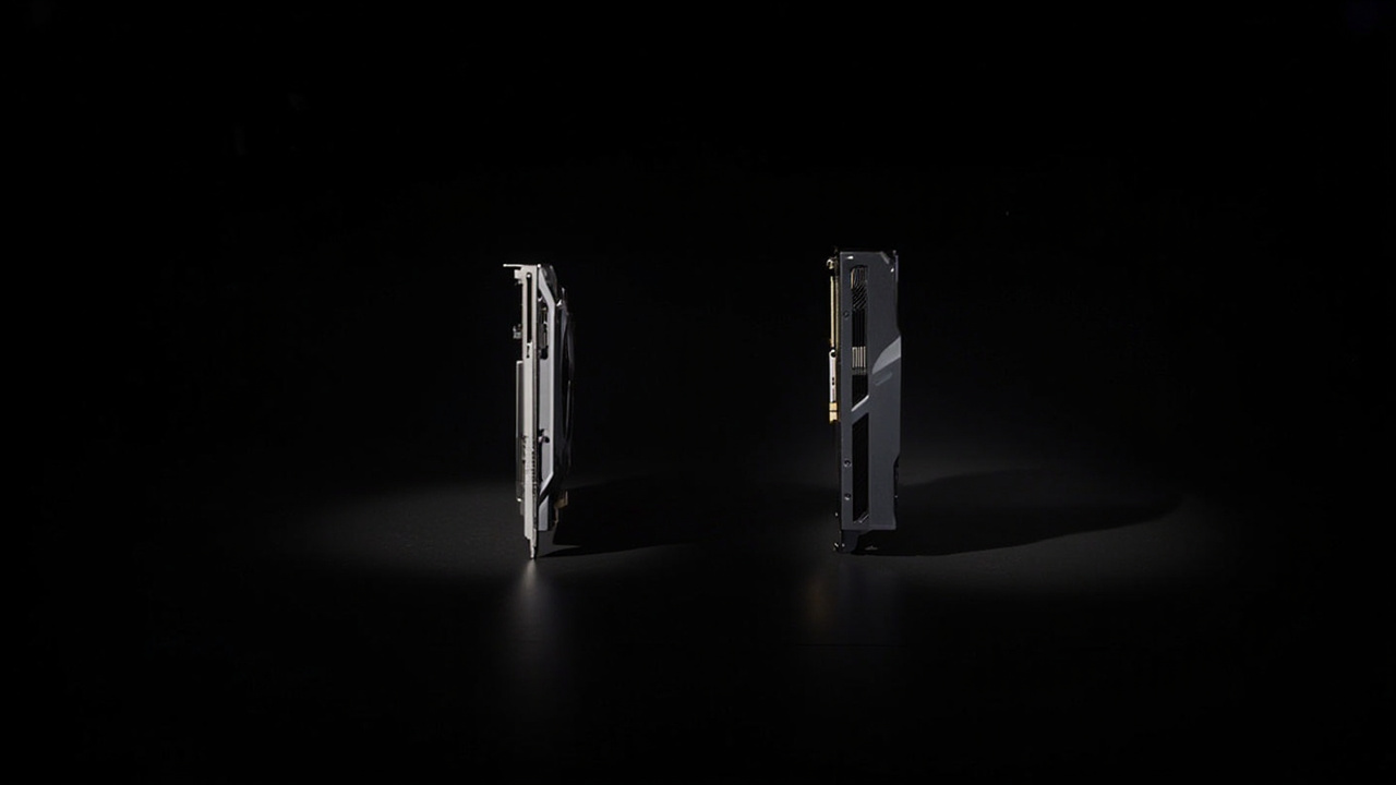 Split-screen: RTX 5090 Founders Edition (left) vs RTX 4090 Founders Edition (right), showing size difference and power connector