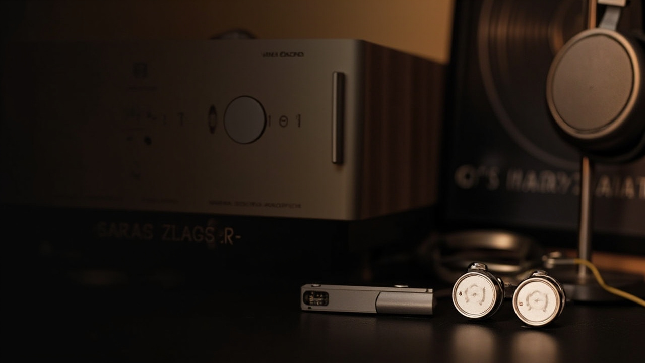 Two flagship IEM boxes side by side on a clean white shelf with a portable DAC/amp placed between them in soft daylight