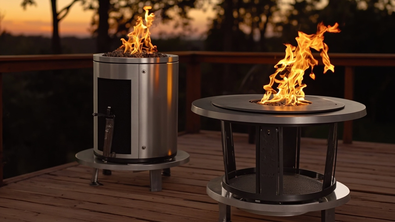 Solo Stove Yukon 2.0 and Breeo X Series 30 side by side on a wooden deck at dusk