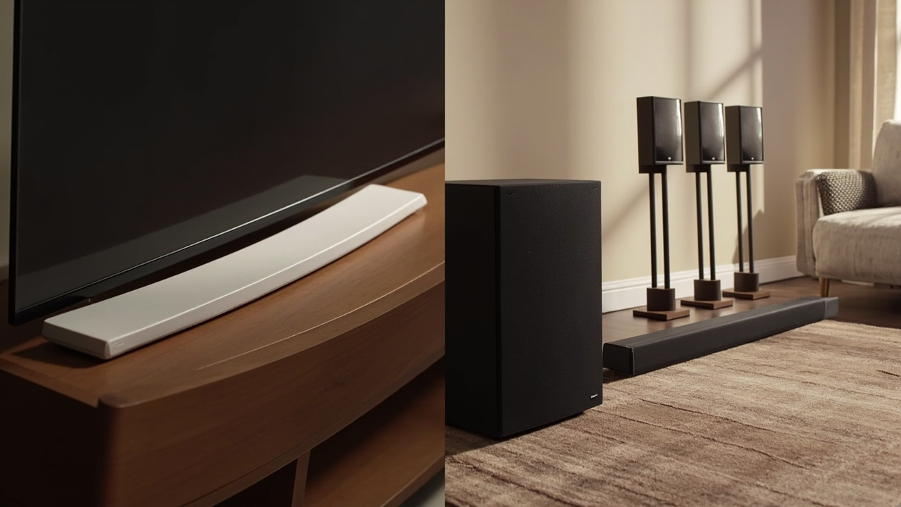 Side-by-side visual: Sonos Arc Ultra single curved bar on the left versus Samsung HW-Q990F bar with separate subwoofer and two rear speakers on the right, illustrating the structural difference between a one-cabinet system and a four-piece surround system