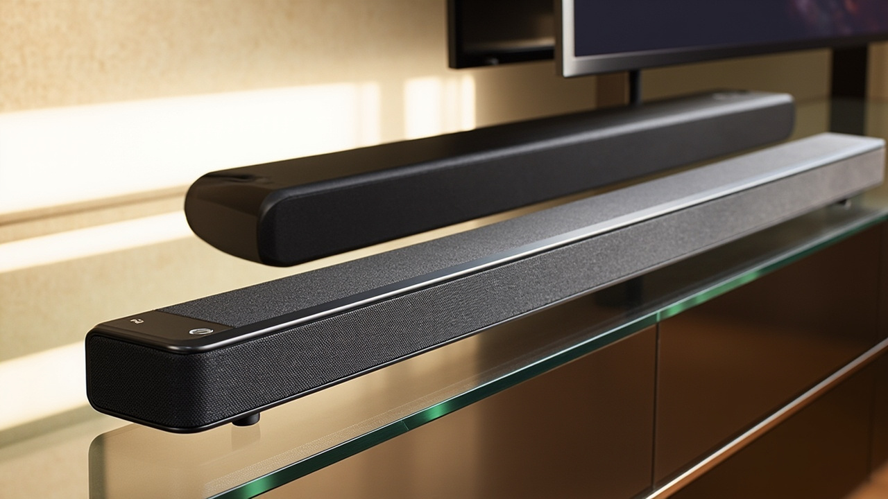 Sonos Arc Ultra and Sony Bravia Theatre Bar 9 placed side by side on a low media console, soft daylight, side-by-side comparison shot