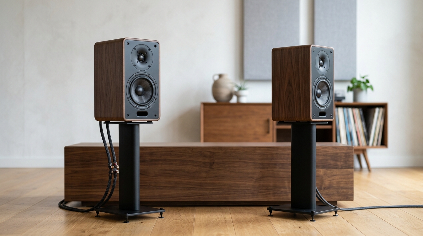 Two premium wireless speaker setups on a light wood media console: a single Sonos Five in matte black on the left in horizontal orientation, and a separated KEF LSX II LT stereo pair in carbon black on the right with proper L/R spacing, soft window light, clean modern living room, no text, no logos, no brand names visible