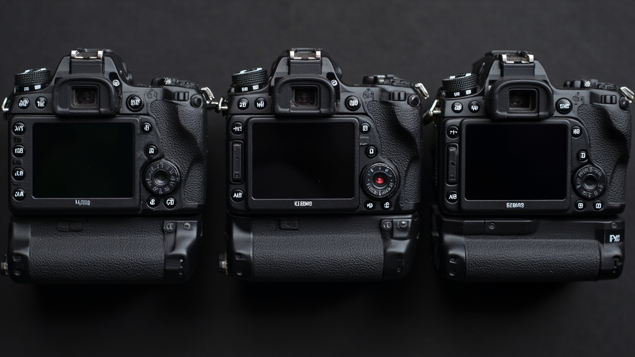 Three cameras on a professional camera desk comparison shot showing the relative size and grip profile of each flagship body, side-by-side with similar lenses mounted