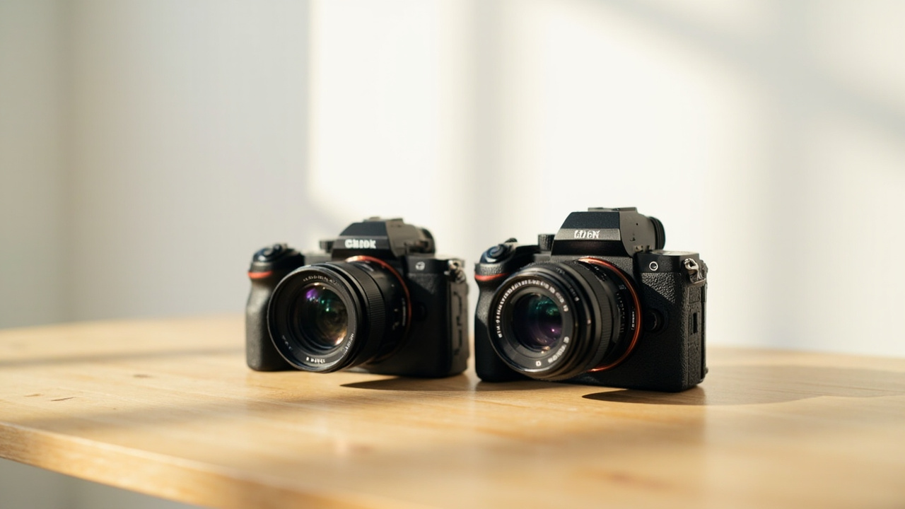Sony A7 V and Nikon Z6 III placed side by side on a wooden studio table, soft north-facing daylight, side-by-side camera body comparison shot
