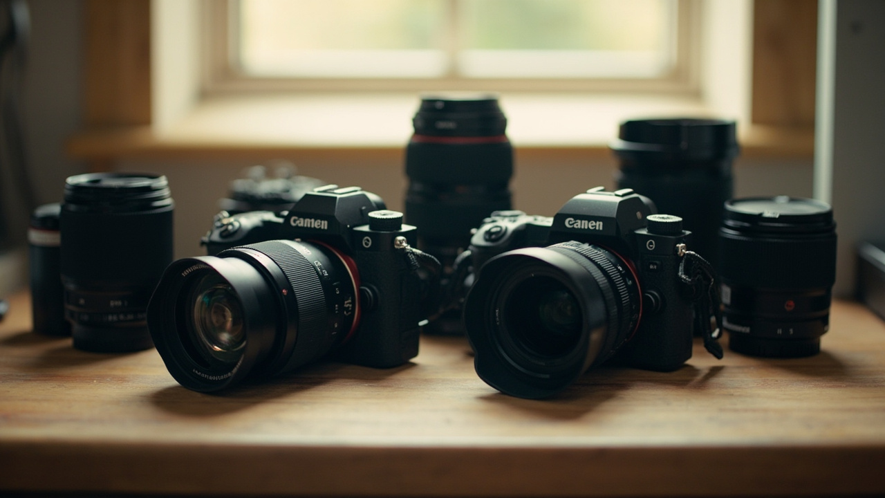 Final shot: Sony A7 V and Nikon Z6 III side by side on a photographer's workbench with three lenses each, illustrating the lens ecosystem size difference
