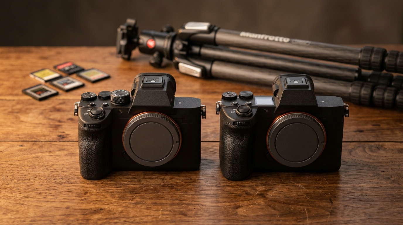 A small stack of coins next to a single full-frame mirrorless camera on a wooden desk, dim warm light, the visual metaphor of long-term value over sticker price