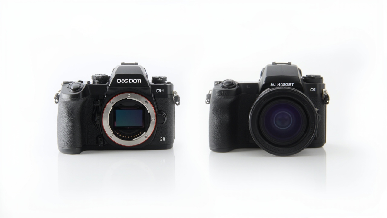Two flagship full-frame mirrorless bodies — the Sony A7R VI and the Canon R5 Mark II — placed side by side on a wooden desk, EVFs glowing in soft daylight, hot-shoe covers off
The Verdict First
![Two stacked-sensor mirrorless cameras — the higher-resolution body on the left, the faster hybrid on the right — split-screen on a clean white background, soft top-down studio lighting