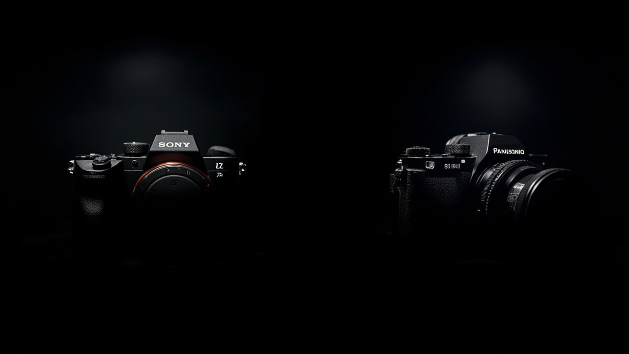 Split-screen comparison card: the higher-resolution 66.8MP Sony body on the left, the more affordable 44.3MP Panasonic hybrid on the right, both shown above a 5-year cost-per-shoot bar chart on a clean white background