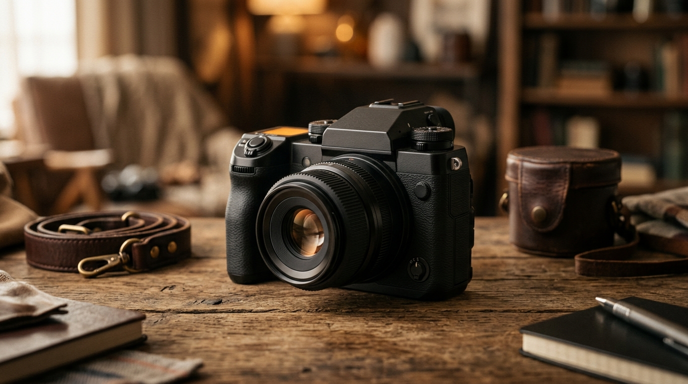 Two Sony E-mount full-frame bodies — the A7R VI on the left and A7 V on the right — sitting side by side on a dark wooden studio desk, EVFs glowing softly, both with GM lenses mounted, warm rim light from the right, moody premium product photography aesthetic