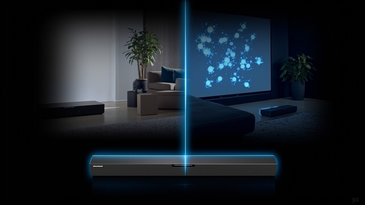 Use-case decision visual: left side shows a large living-room home theater with projector screen and the Sony Bravia Theatre Bar 9 underneath, right side shows a small-to-medium TV room with the Bose Smart Ultra Soundbar on a console beneath a 55-inch TV, illustrating which bar suits which environment