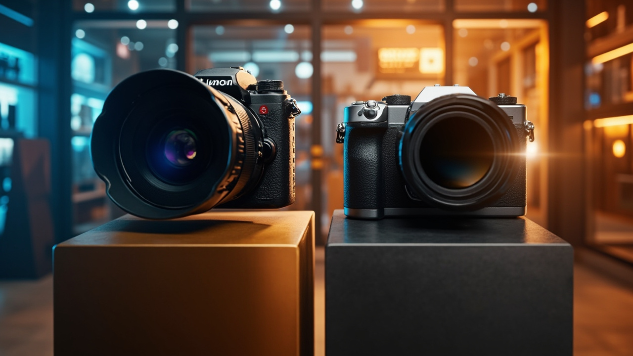 Split-screen comparison of two cameras on a price tag concept showing one cheaper one premium