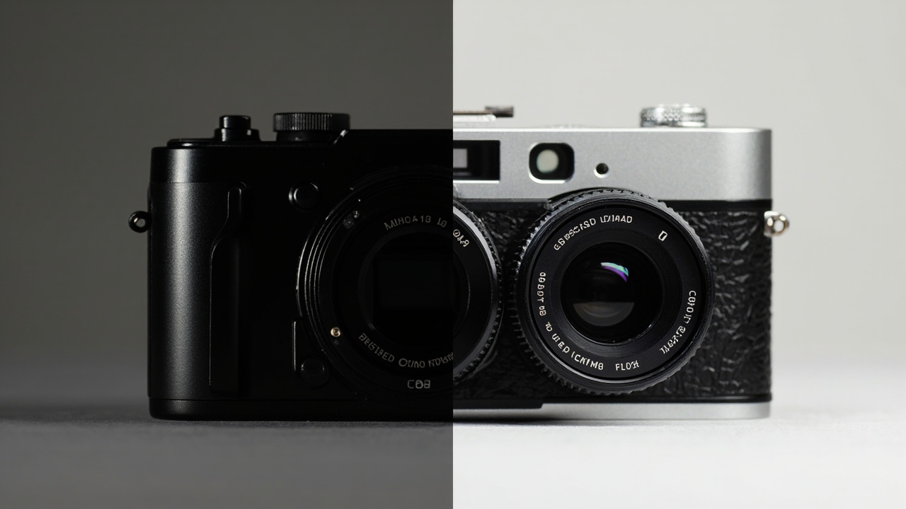 Sony RX1R III and Leica Q3 43 placed side by side on a wooden desk, showing size difference