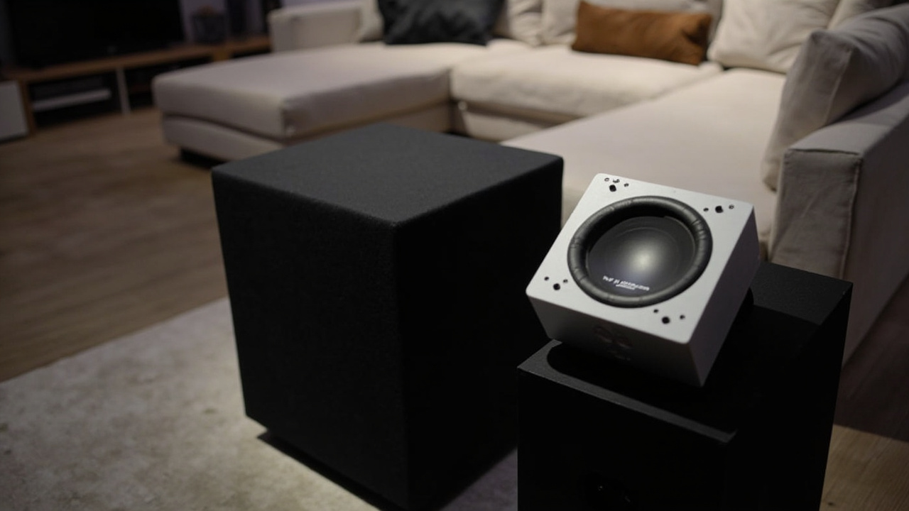 SVS SB-2000 Pro and KEF KC62 placed side by side on a polished concrete floor in a dim living room, with the larger cylindrical SVS SB-2000 Pro on the left and the tiny cube-shaped KEF KC62 on the right, soft directional warm lighting from above, modern minimalist decor, no text, no logos, no brand names visible
