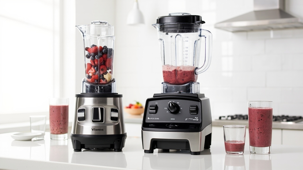 Vitamix A3500 (left, brushed stainless with touchscreen) and Blendtec Designer 725 (right, stainless with capacitive touch slider) side by side on a kitchen counter, both loaded with colorful smoothies in matching glasses beside them