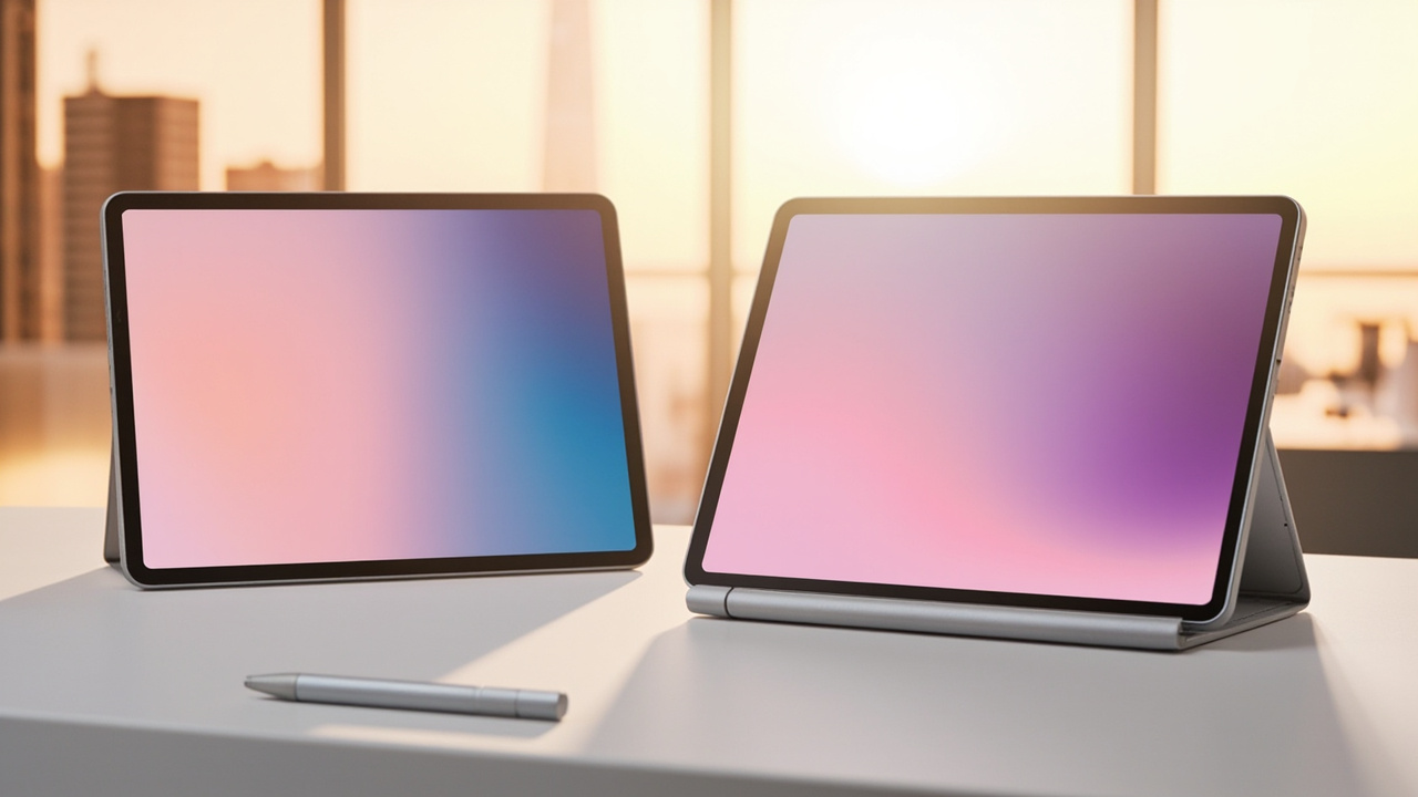 Wacom Cintiq Pro 27 and Huion Kamvas Pro 27 displayed side by side on a clean studio desk with morning light