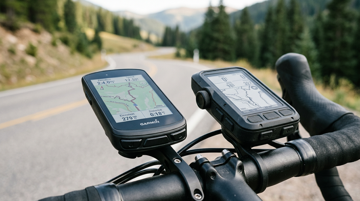 Two bike computers mounted on a road bike cockpit, side by side