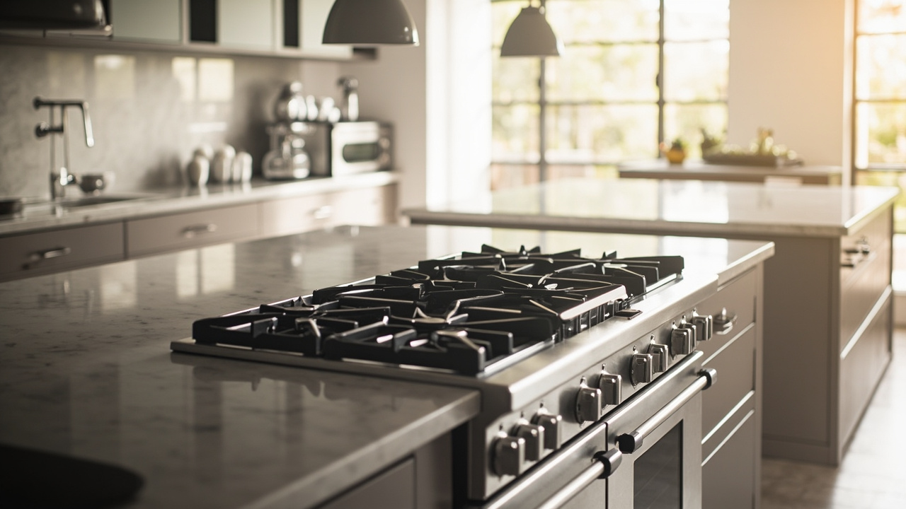 Wolf 48 inch Dual Fuel Range with infrared griddle next to a Thermador Pro Harmony 48 inch range with electric grill, modern luxury kitchen showroom setting