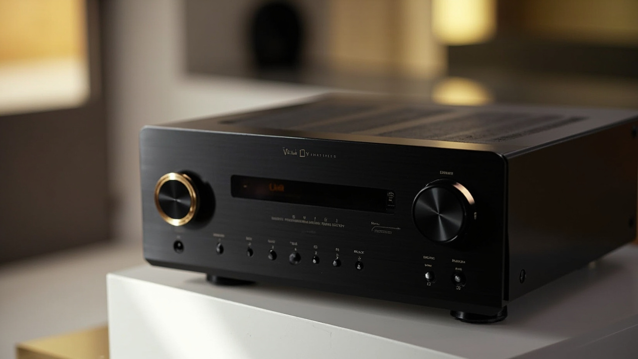 Yamaha RX-A8A installed in a high-end home theater rack next to a Marantz Cinema 50 in a dark reference room with acoustic panels